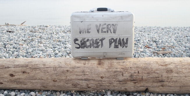 case on a beach with the words "the very secret plan" written on it